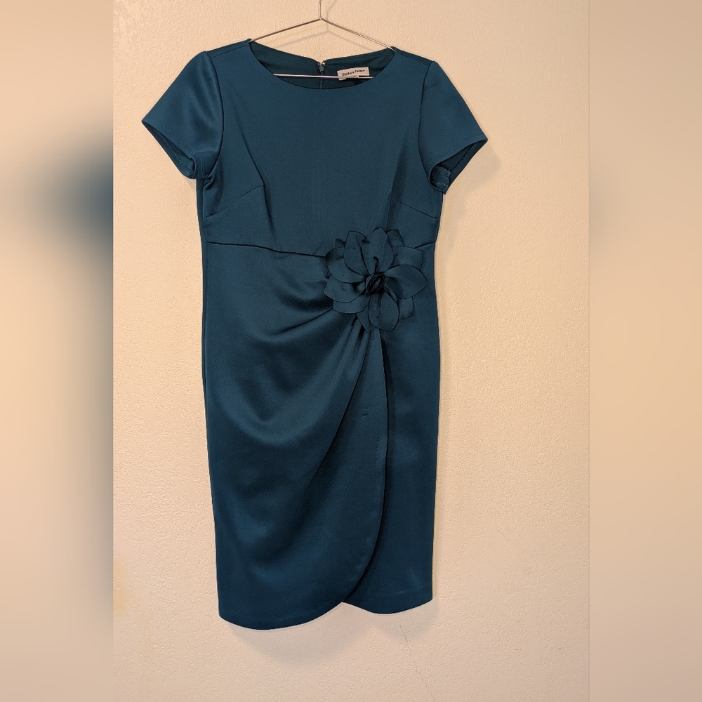 Shelby And Palmer Classic Teal Sheath Dress with Floral Accent - Picture 1 of 7